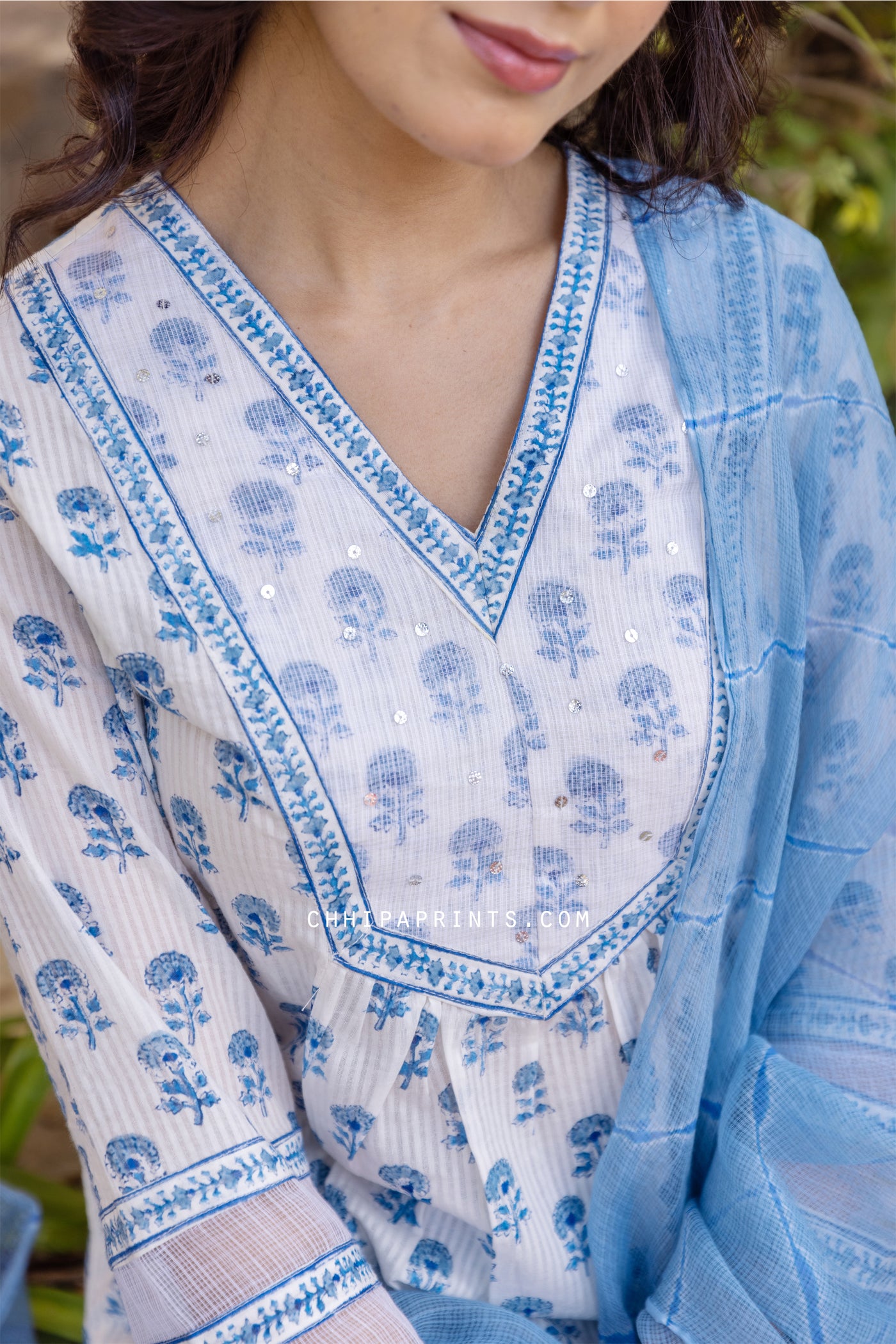 Cotton Block Print Poppy Buti Suit Set in Blue (Set of 3)