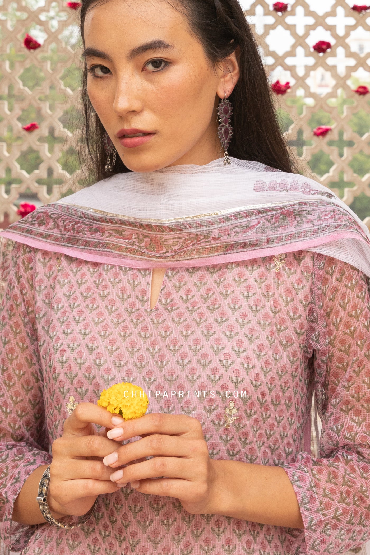 Kota Doria Buti Print Gota Patti Suit Set in Coral Blush