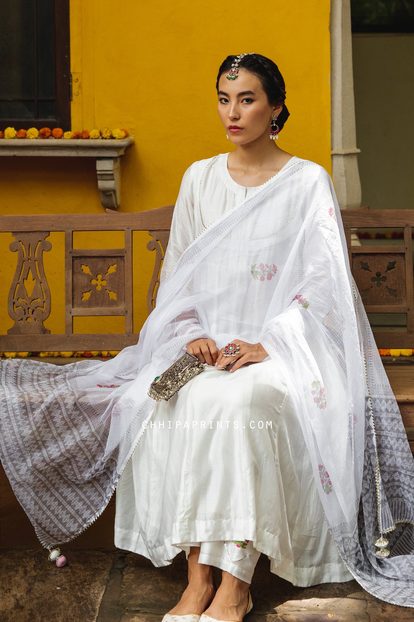 Cotton Silk Matka Anarkali Suit Set in Ivory