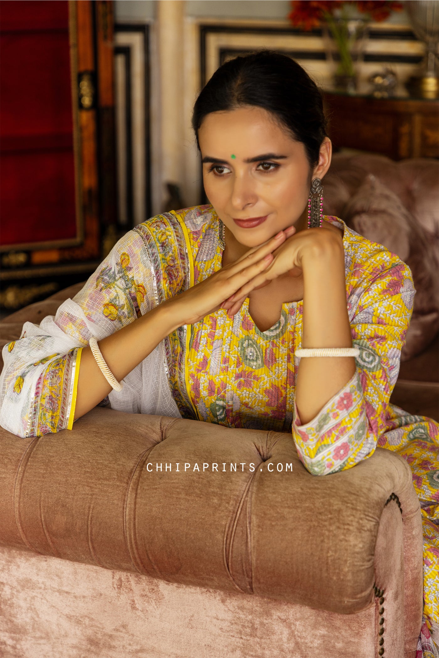 Cotton Shell Tuck Mughal Print Suit Set in Yellow