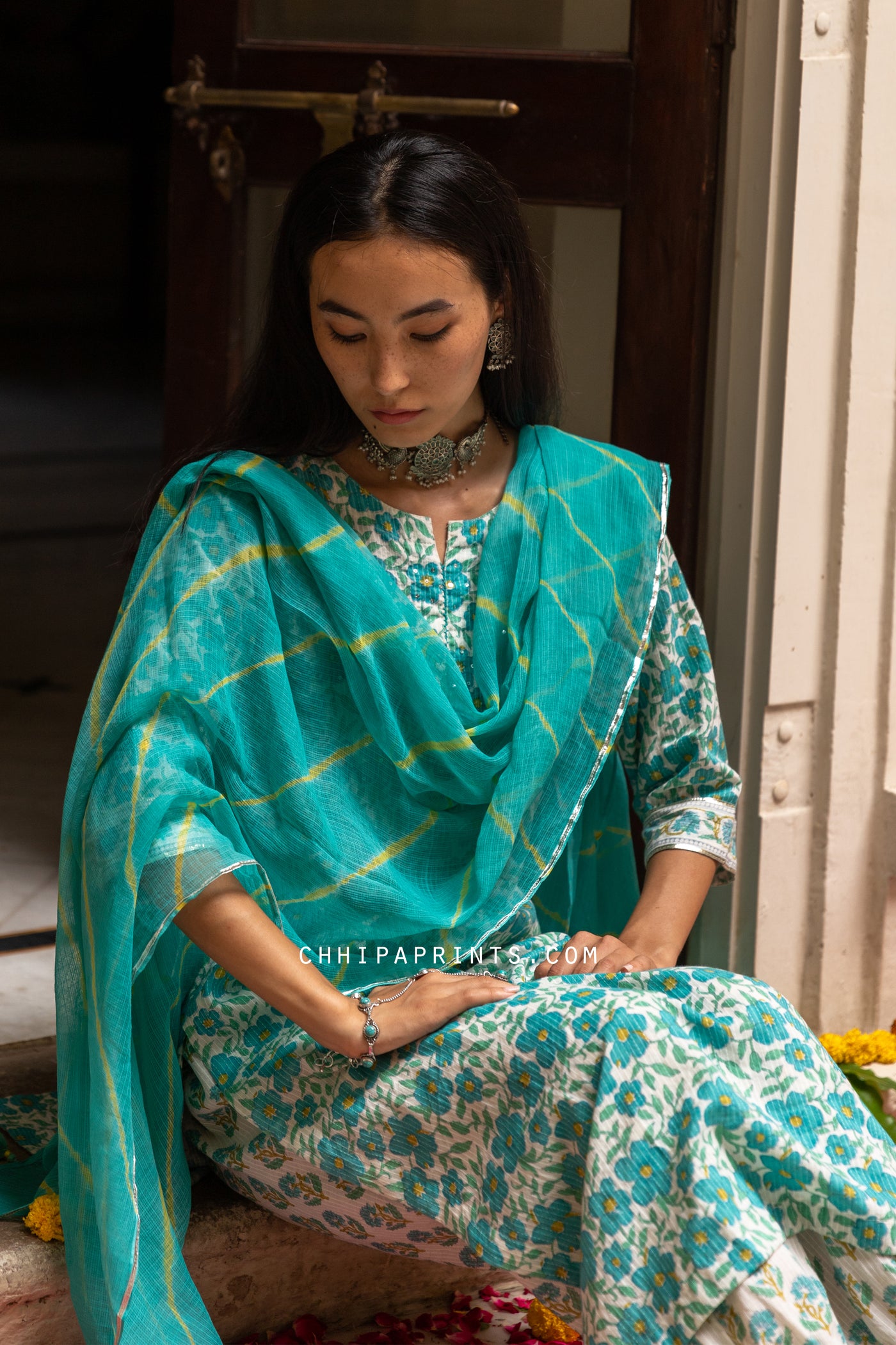 Cotton Katha Jaal Print Suit Set in Aqua Green