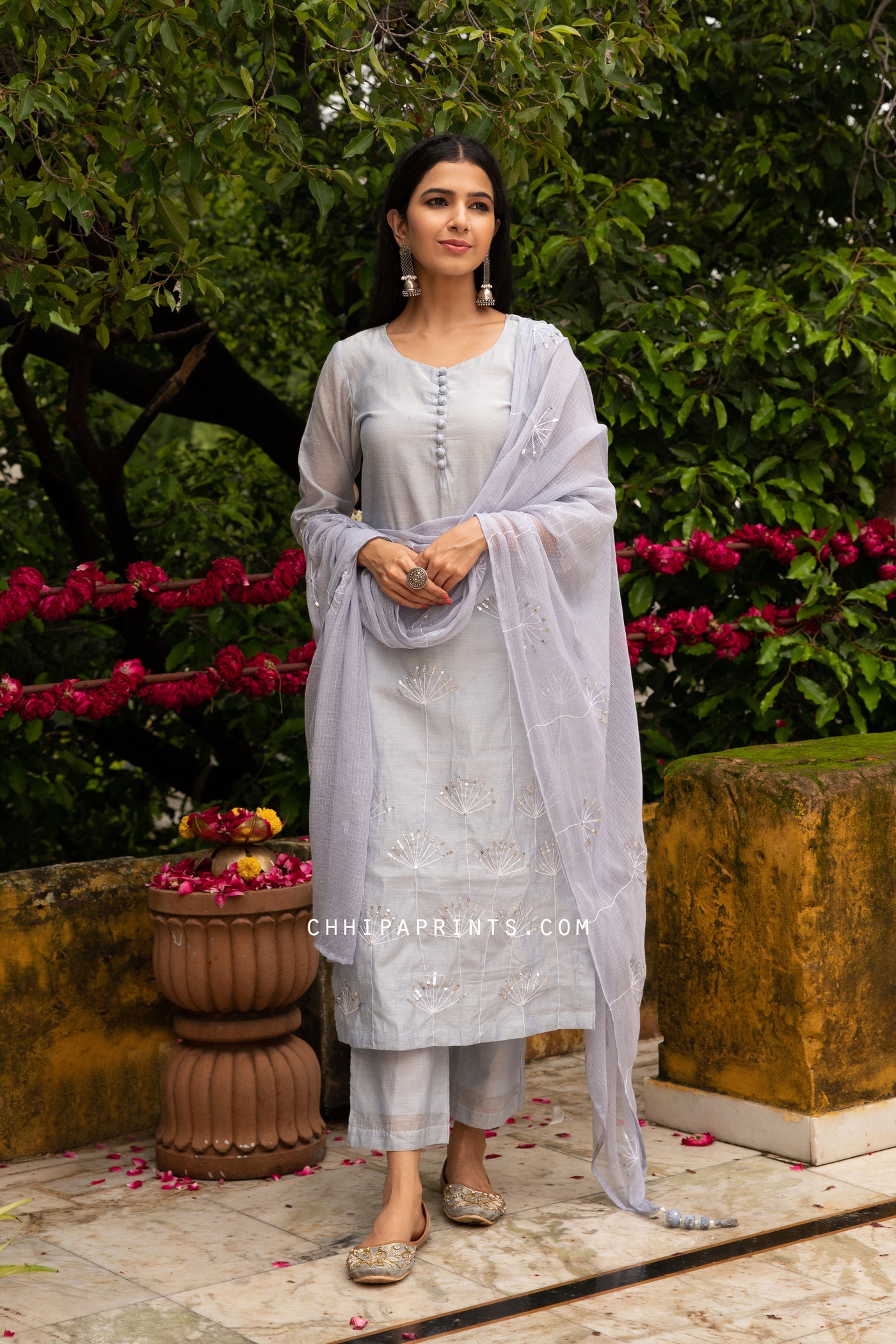 Chanderi Silk Sequin Work Suit Set in Arctic Ice