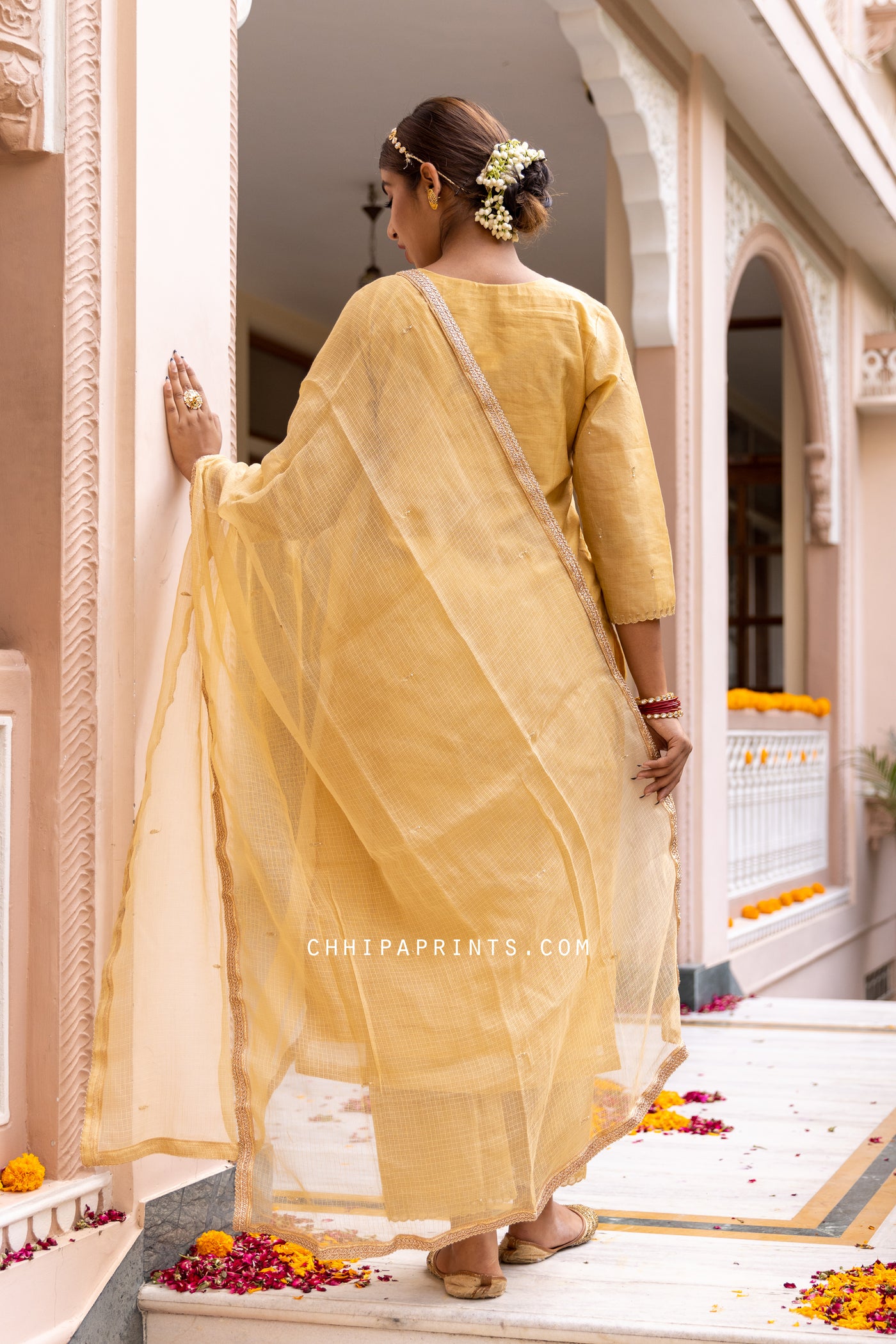 Chanderi Silk Chand Buti Suit Set in Antique Gold