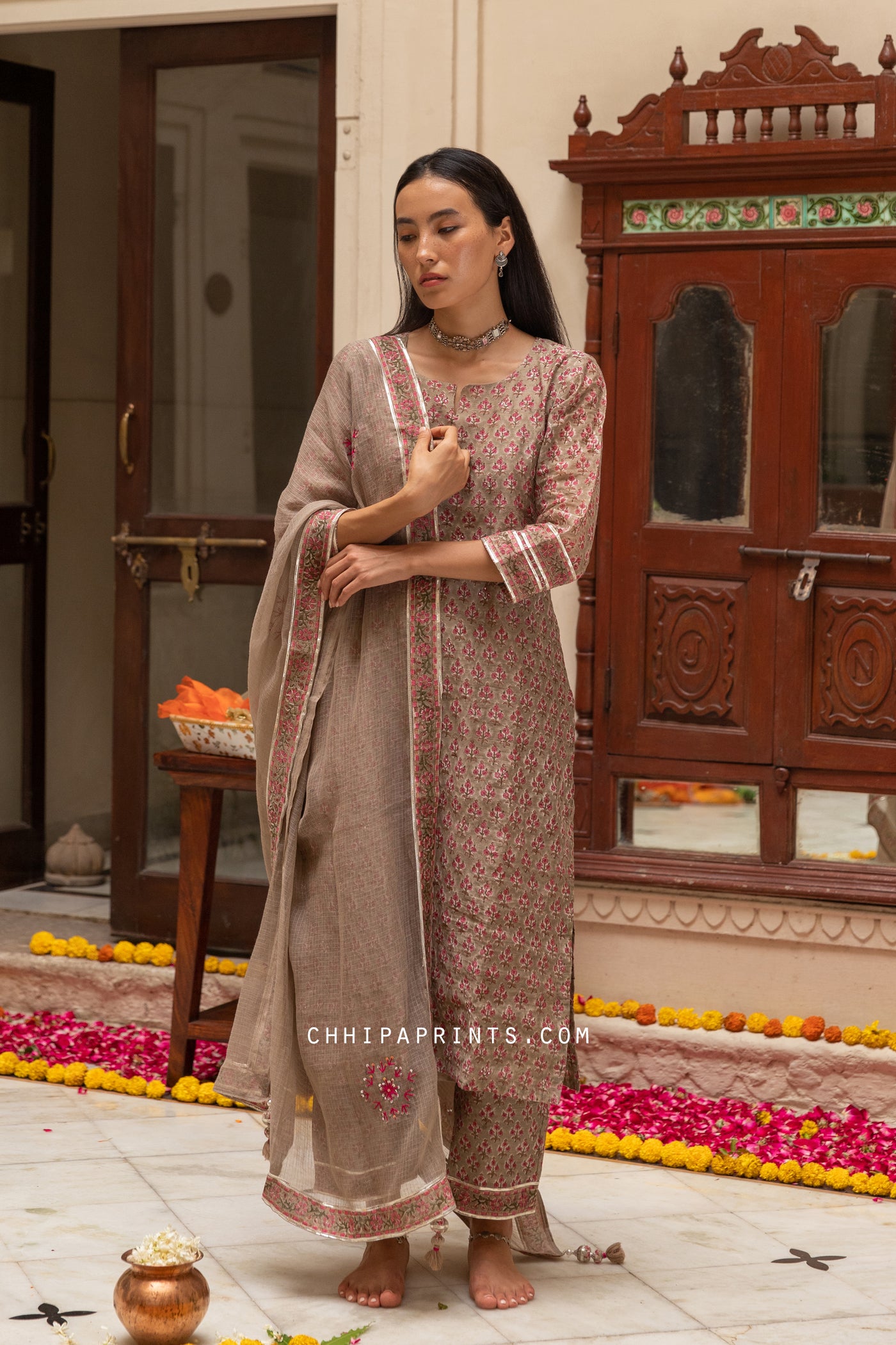 Chanderi Silk Gud Buti Suit Set in Tobacco Brown