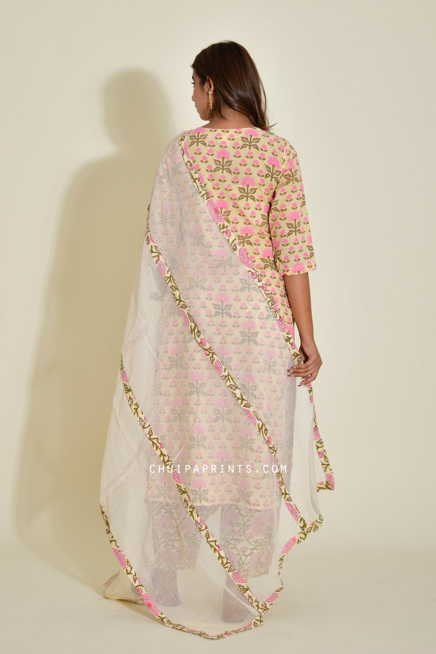 Cotton Mughal Buti Suit Set in Shades of Beige