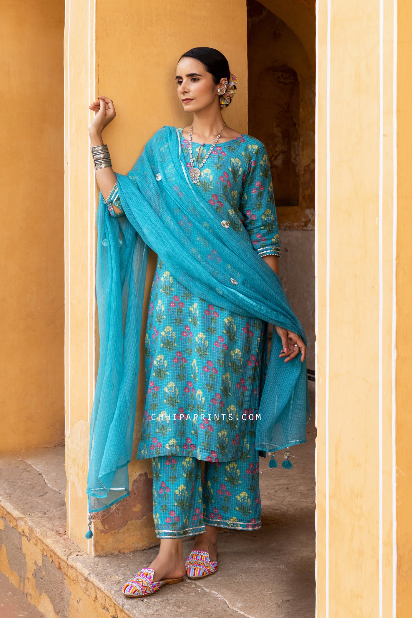 Cotton Buta Print Suit Set in Firozi from Sawan Collection
