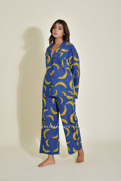 Cotton Banana Print Co Ord Set in Navy Blue