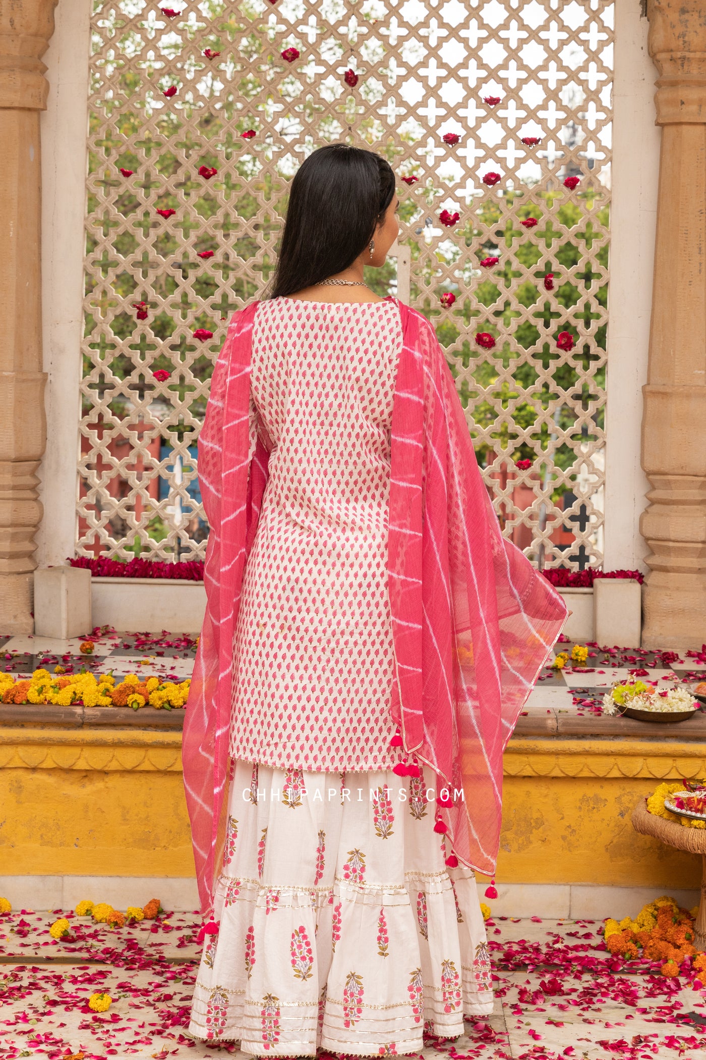 Cotton Mughal Print Gharara Set in Hot Pink