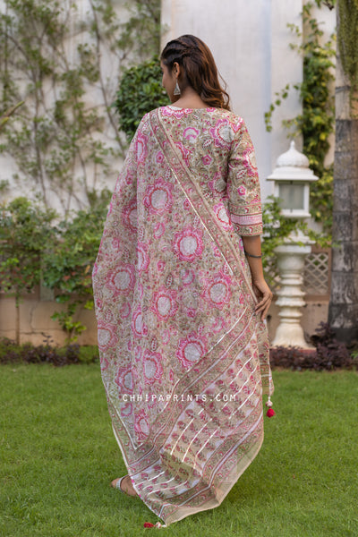 Cotton Big Floral Jaal Suit Set in Frost Almond