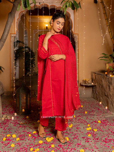 Cotton Shell Tuck Katha Sitara Suit Set in Goji Berry Red