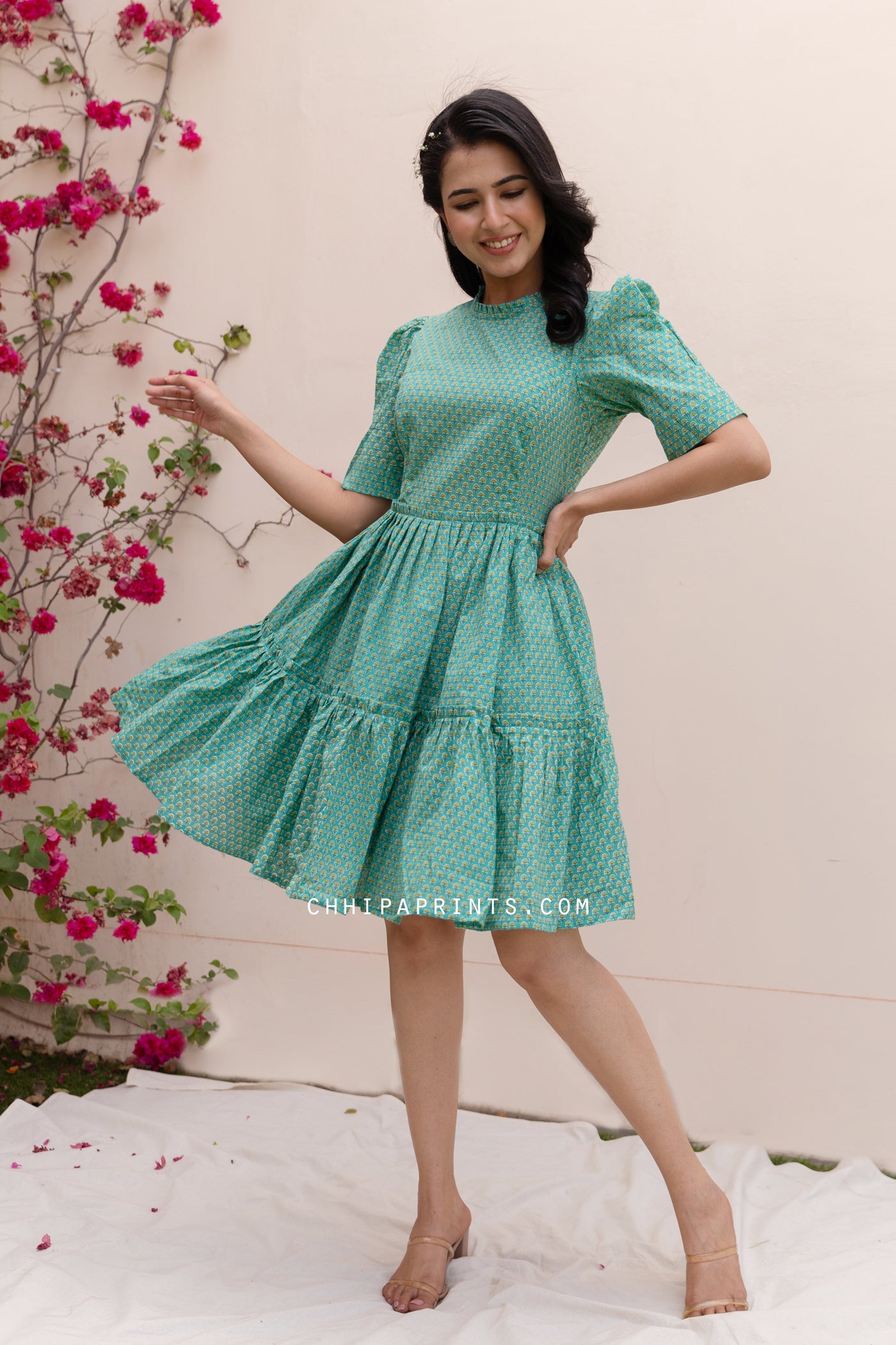Cotton Mahin Print Skater Dress in Emerald Green