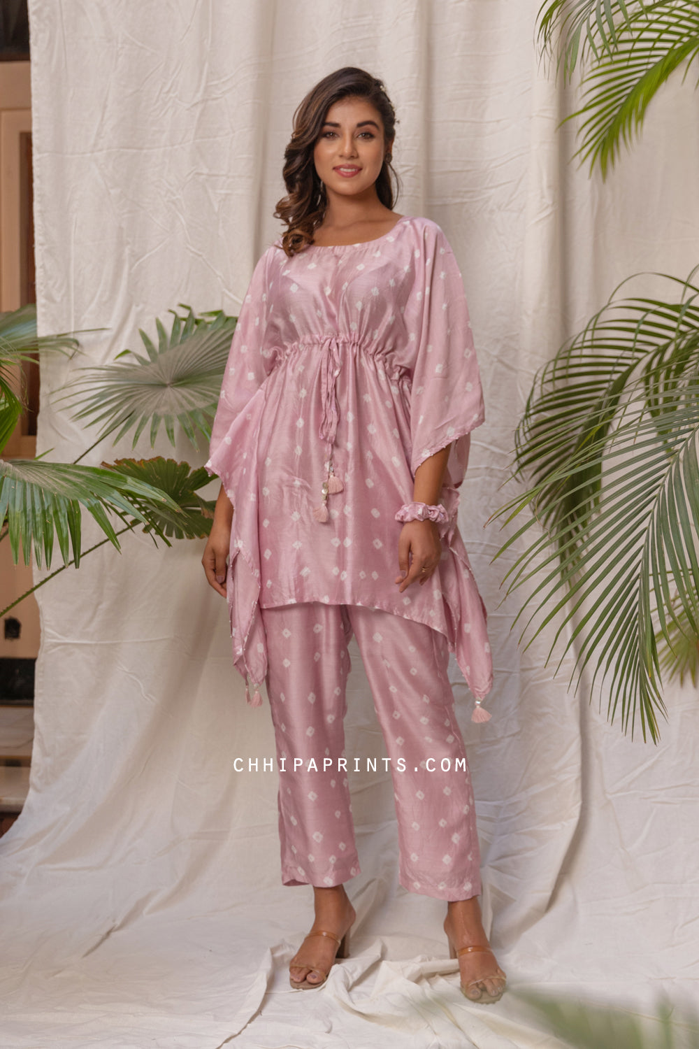 Cotton Silk Bandhani Co Ord Set in Dawn Pink