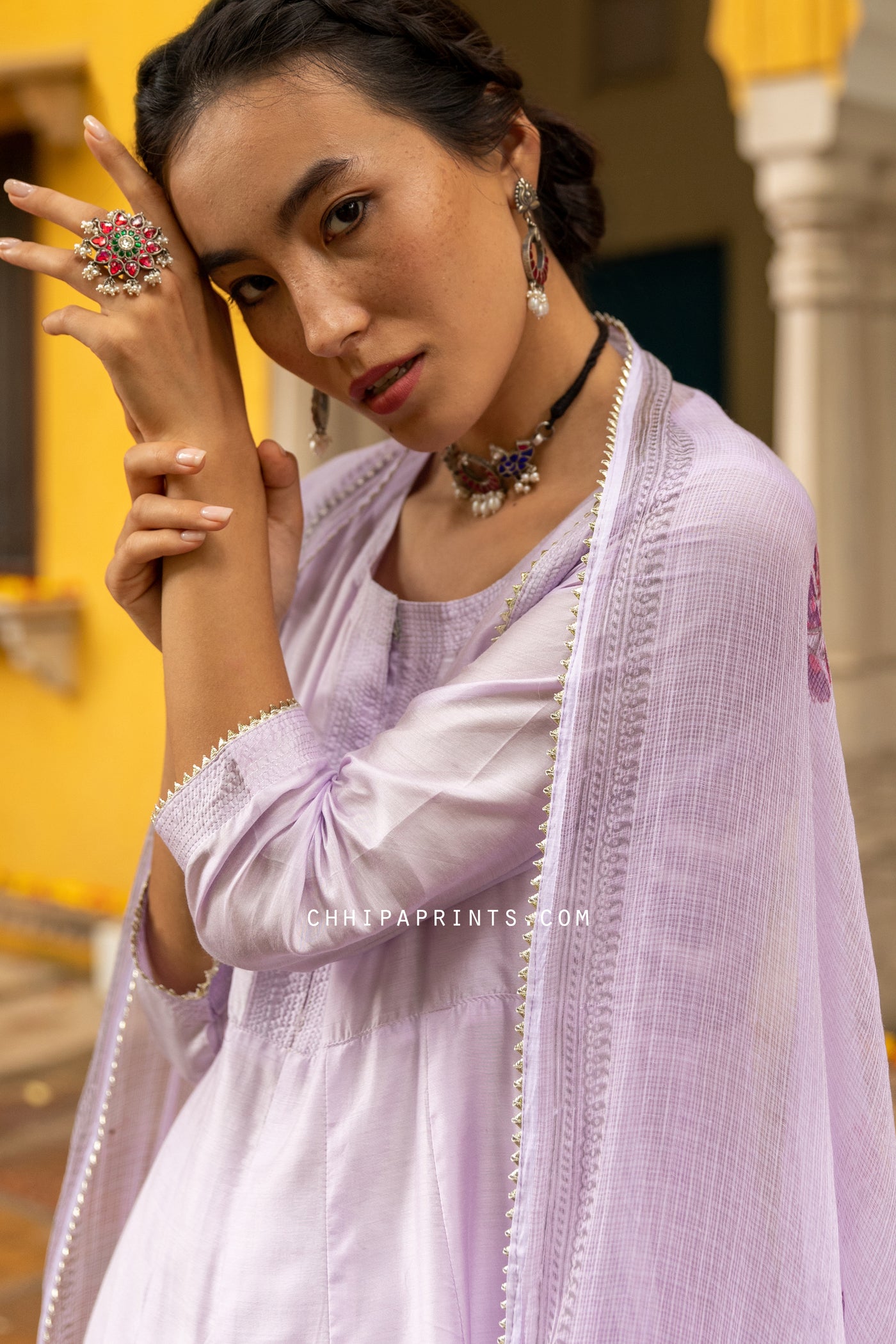 Cotton Silk Matka Anarkali Suit Set in Purple