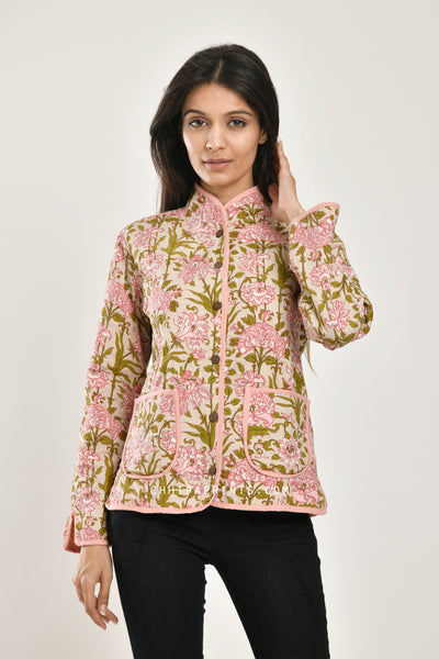 Cotton Quilted Jacket in Beige Mughal Jaal