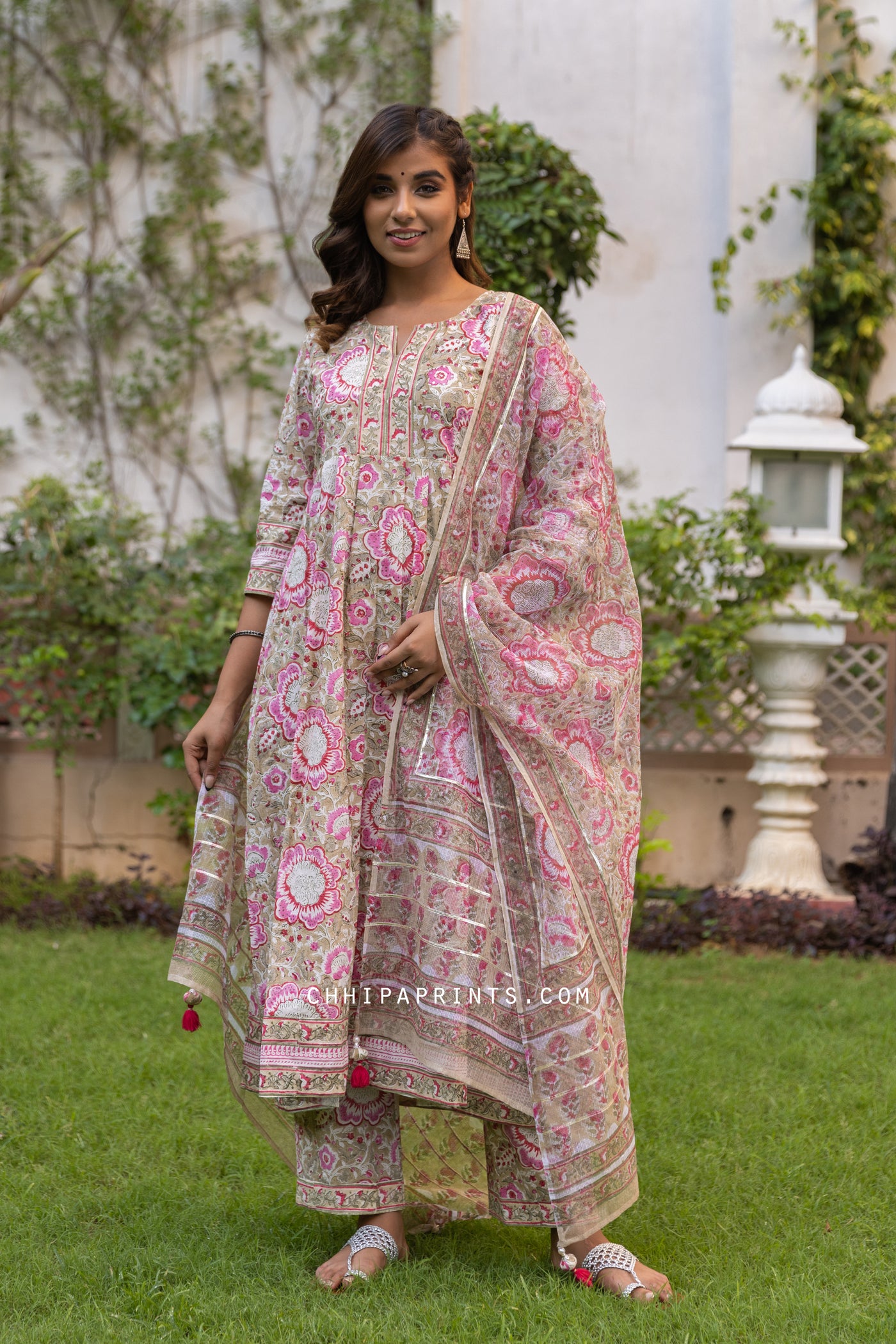 Cotton Big Floral Jaal Suit Set in Frost Almond