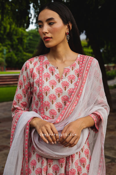 Cotton Marigold Buti Print Suit Set in Shades of Gray & Pink