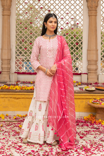 Cotton Mughal Print Gharara Set in Hot Pink
