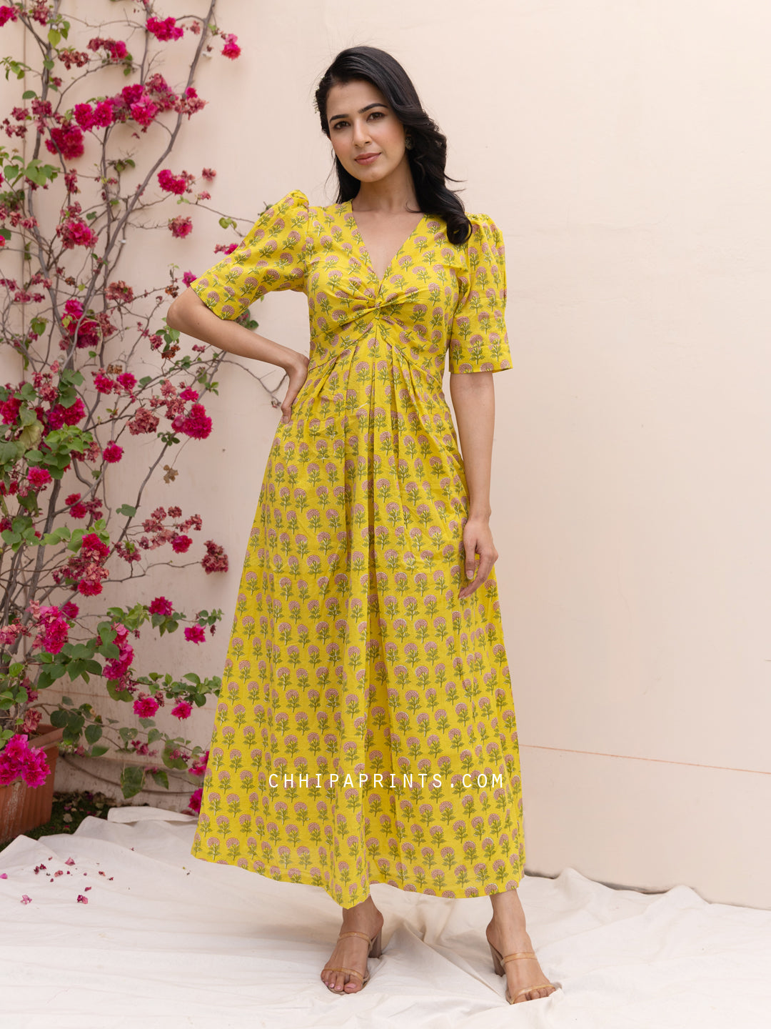 Cotton Buti Print Knot Dress in Yellow