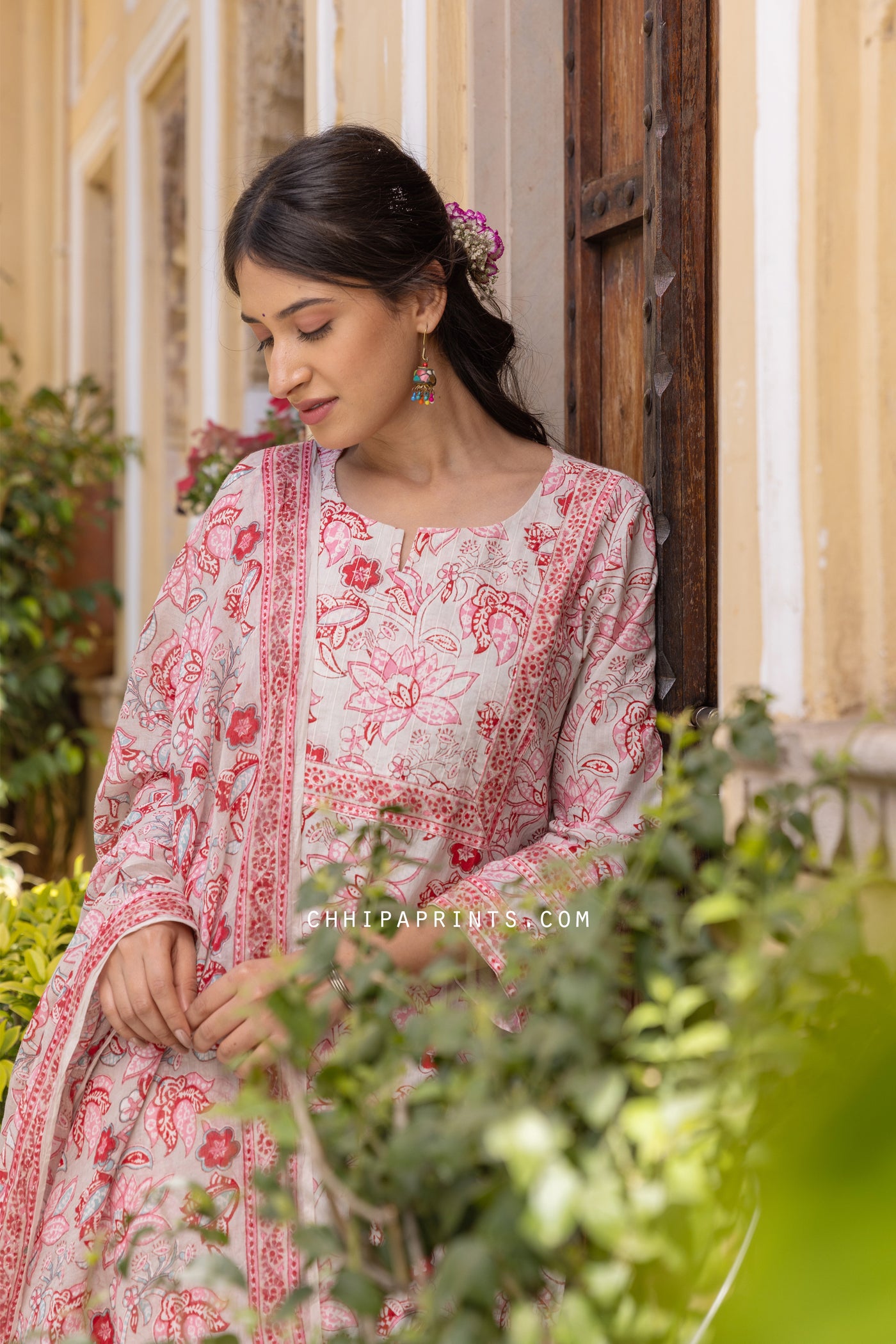 Cotton Block Print Suit Set in Shades of Mushroom and Red (Set of 3)