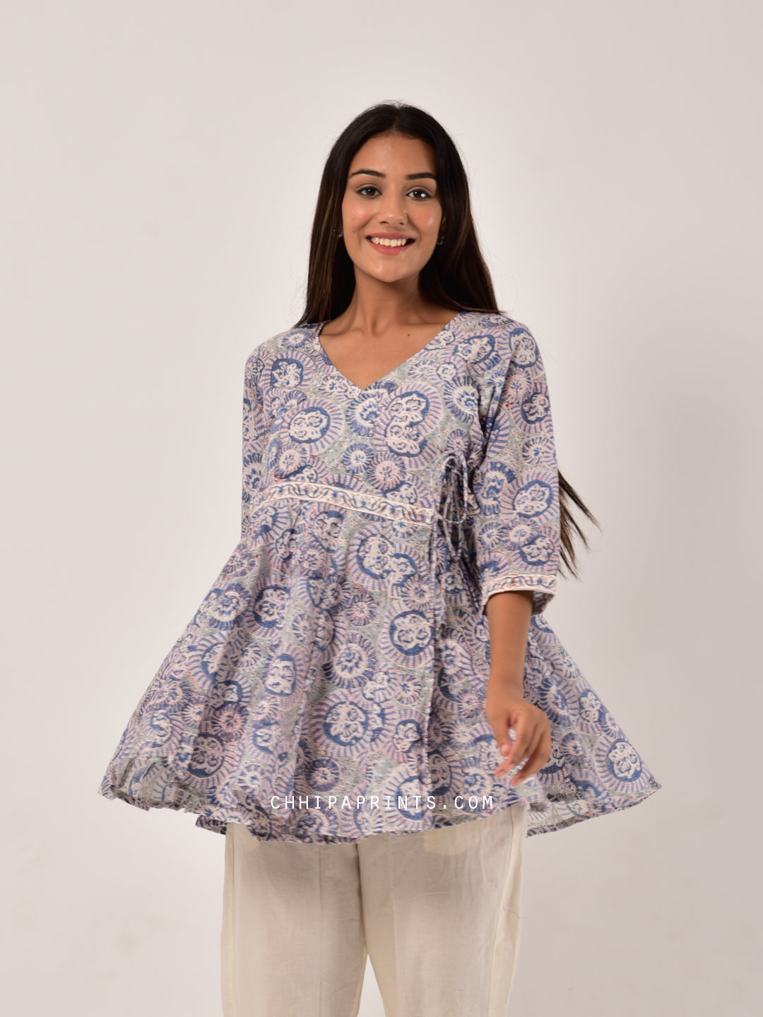 Cotton Angarkha Tunic in Blue Chakri Jaal