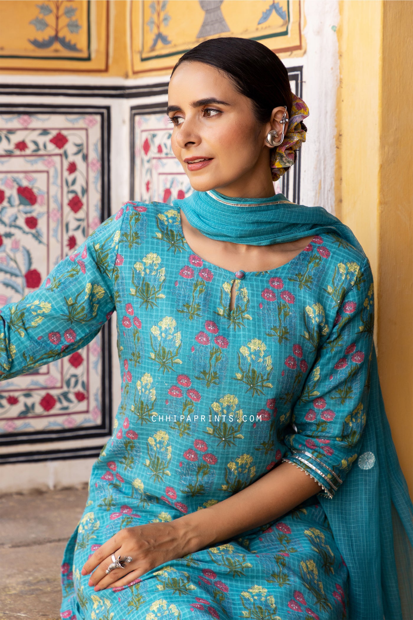 Cotton Buta Print Suit Set in Firozi from Sawan Collection