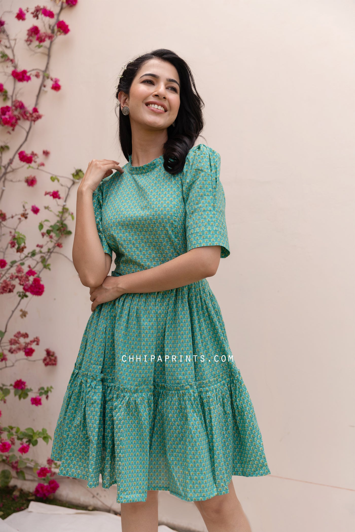 Cotton Mahin Print Skater Dress in Emerald Green