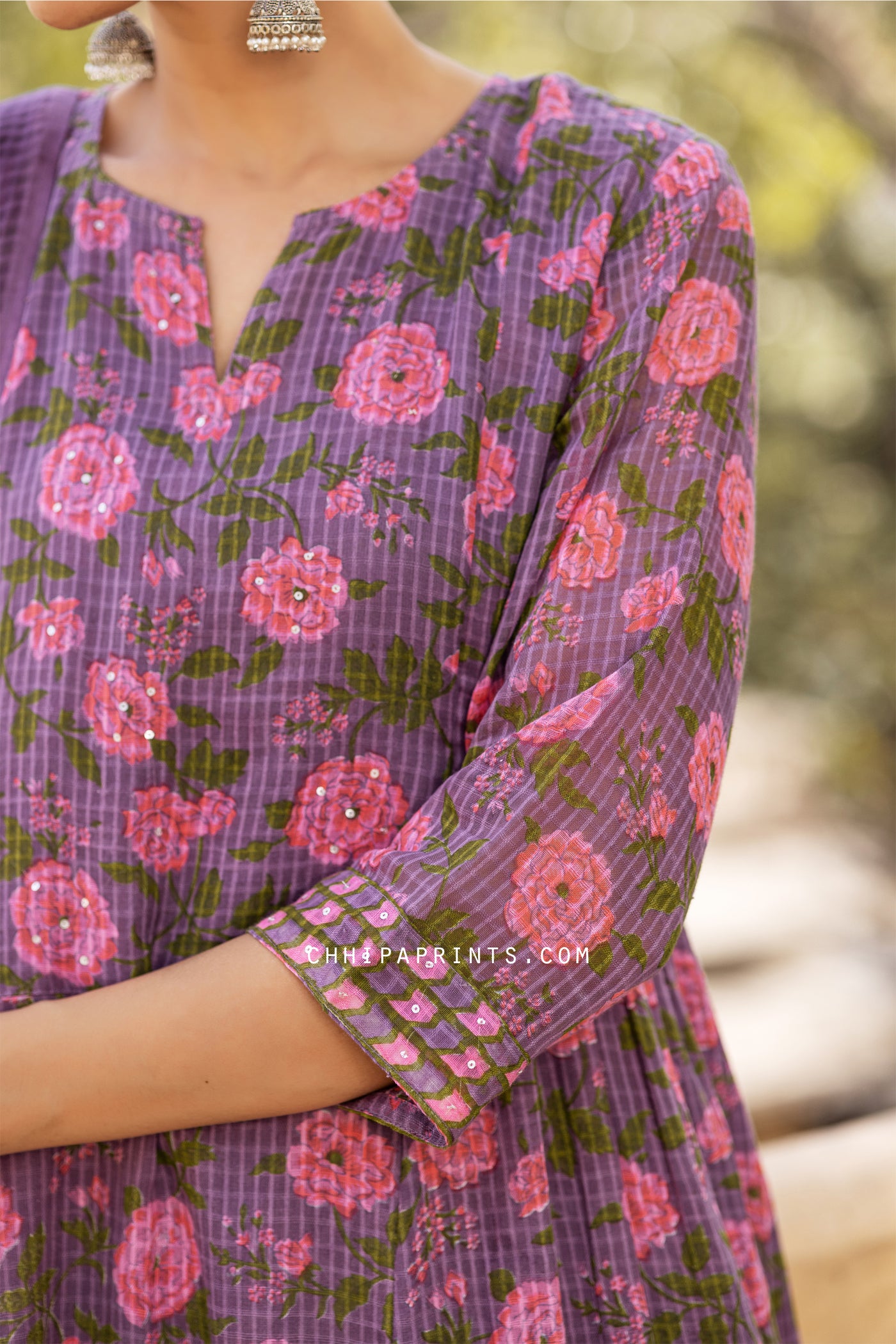 Cotton Dobby Jaal Print Gather Suit Set in Purple