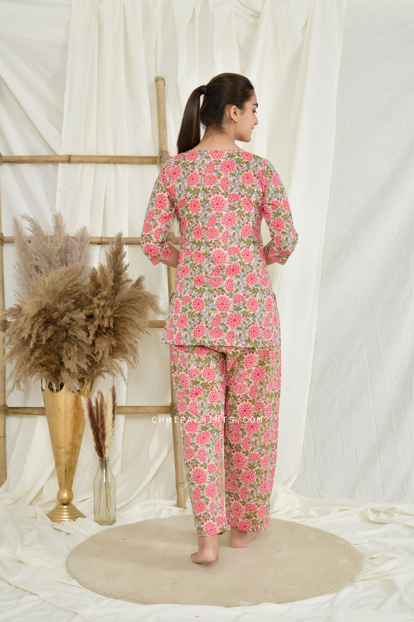 Cotton Jaal Print Night Suit with Eye Mask in Beige