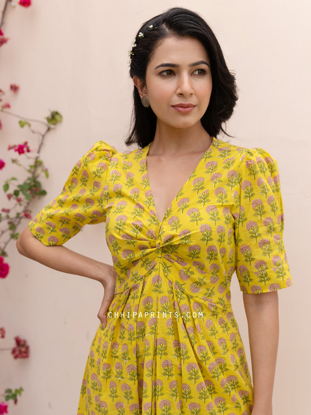 Cotton Buti Print Knot Dress in Yellow