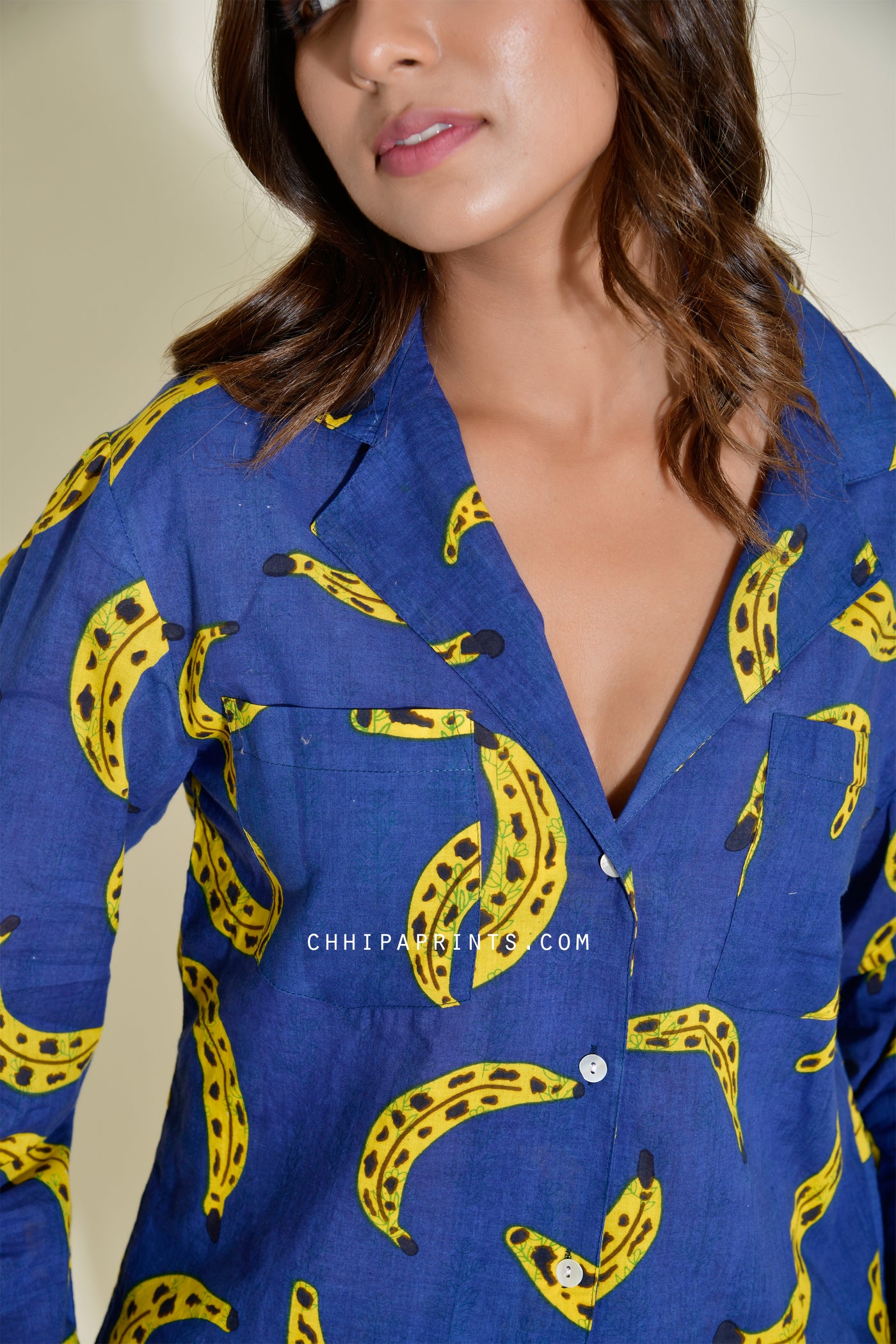 Cotton Banana Print Co Ord Set in Navy Blue