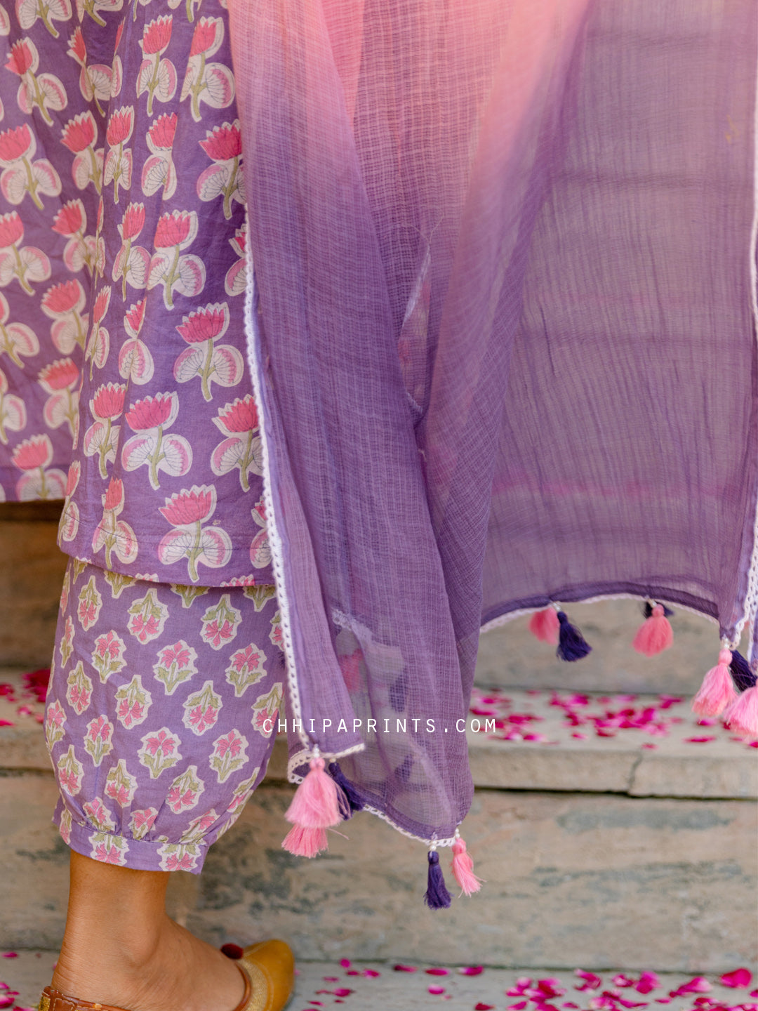 Cotton Lotus Buti Kurta Suit Set in Purple