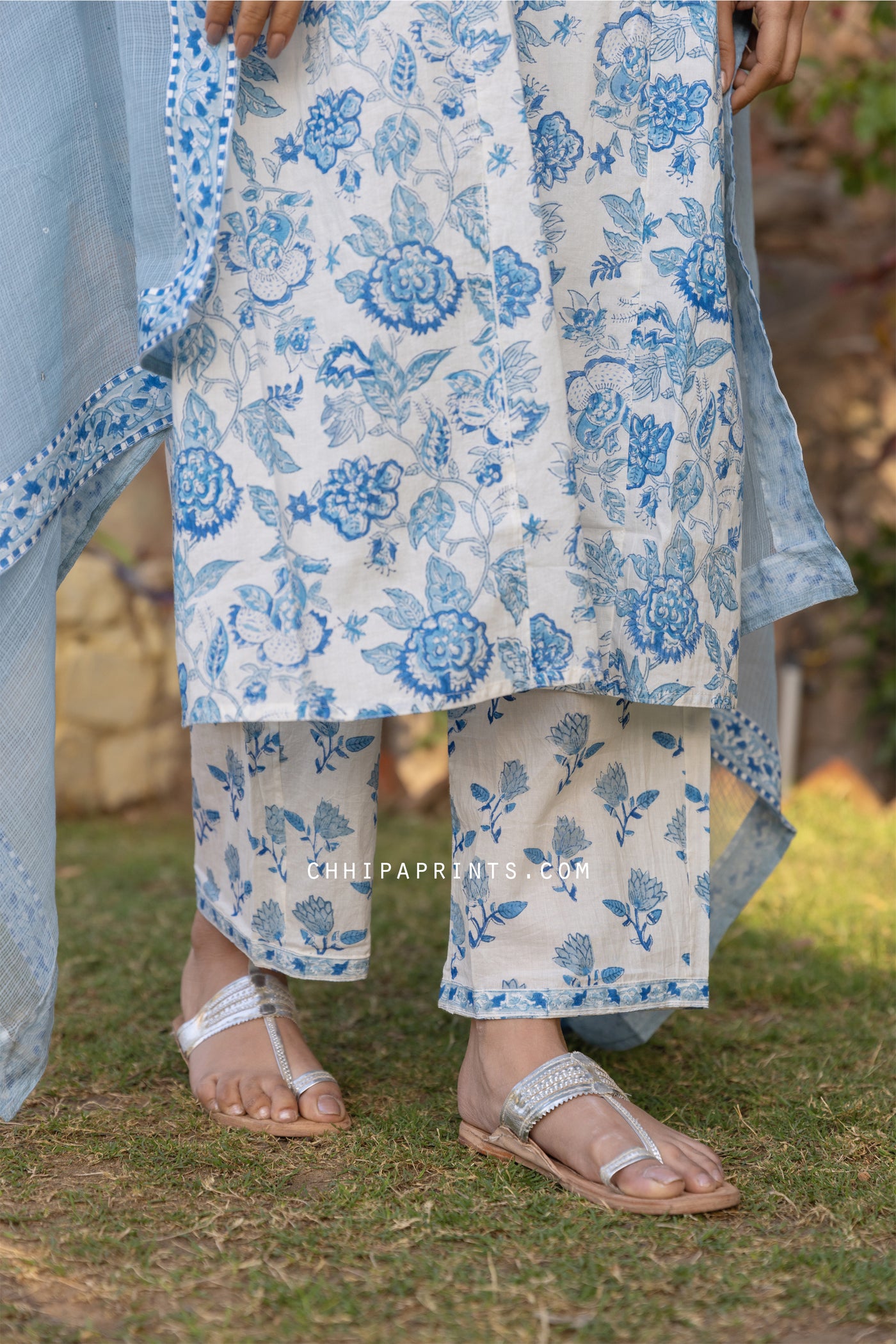 Cotton Block Printed Suit Set in Baby Blue (Set of 3)