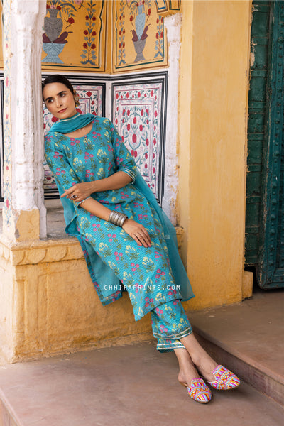 Cotton Buta Print Suit Set in Firozi from Sawan Collection