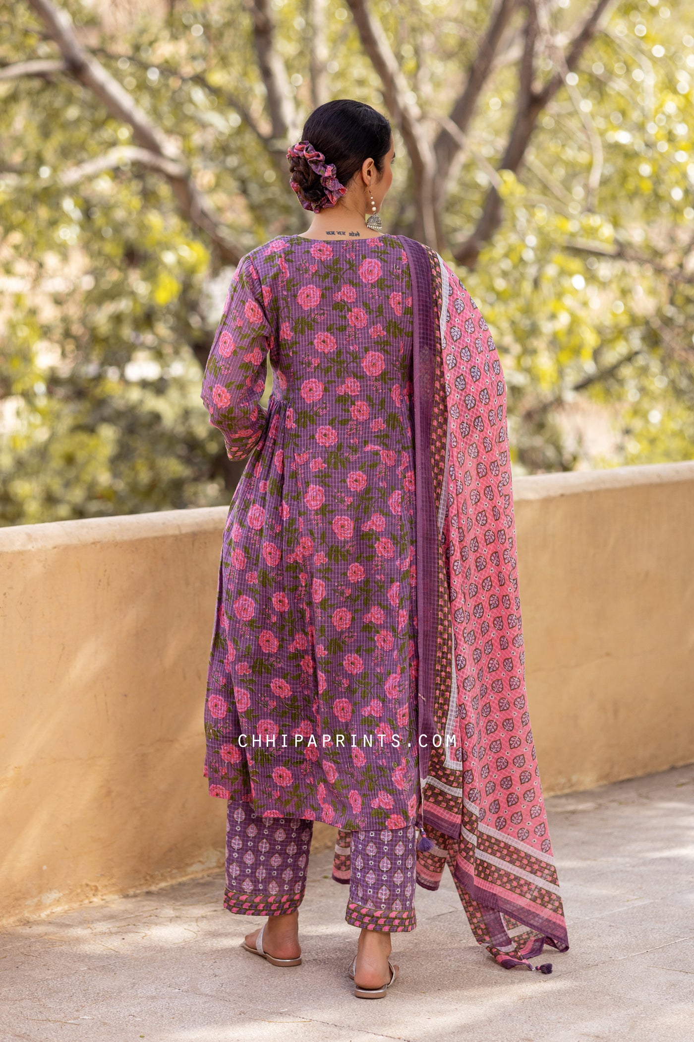 Cotton Dobby Jaal Print Gather Suit Set in Purple