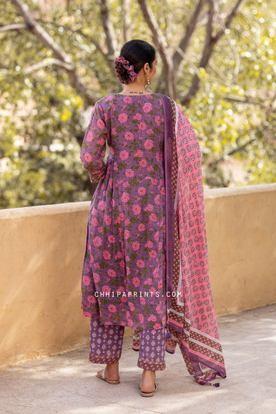 Cotton Dobby Jaal Print Gather Suit Set in Purple