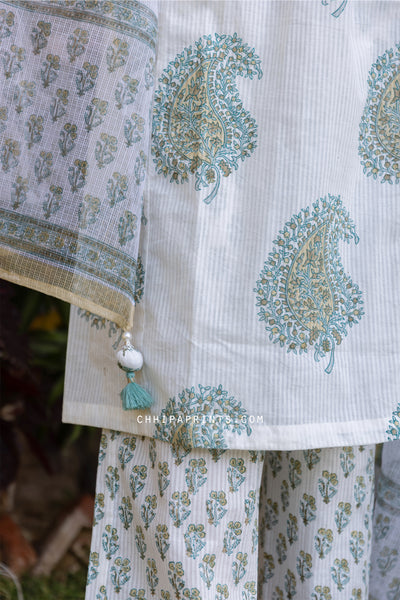 Cotton Block Print Buti Yoke Kurta Set in Aqua Grey (Set of 3)