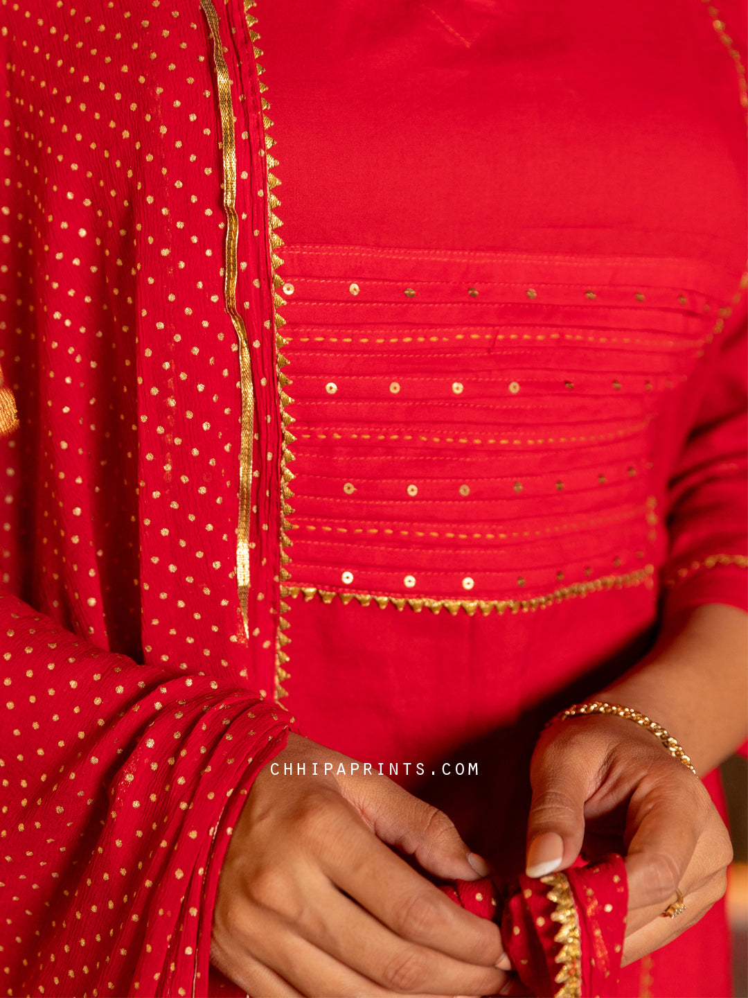 Cotton Shell Tuck Katha Sitara Suit Set in Goji Berry Red