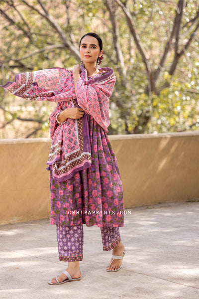 Cotton Dobby Jaal Print Gather Suit Set in Purple