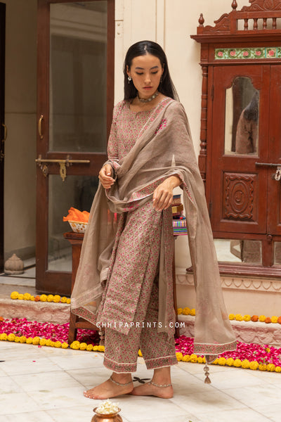 Chanderi Silk Gud Buti Suit Set in Tobacco Brown