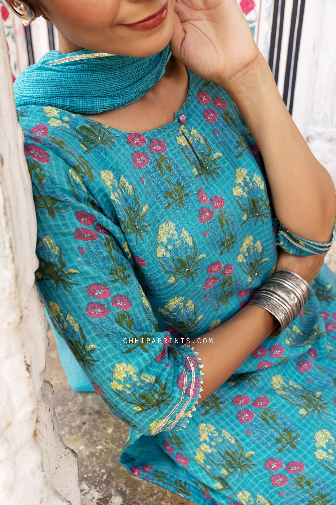 Cotton Buta Print Suit Set in Firozi from Sawan Collection