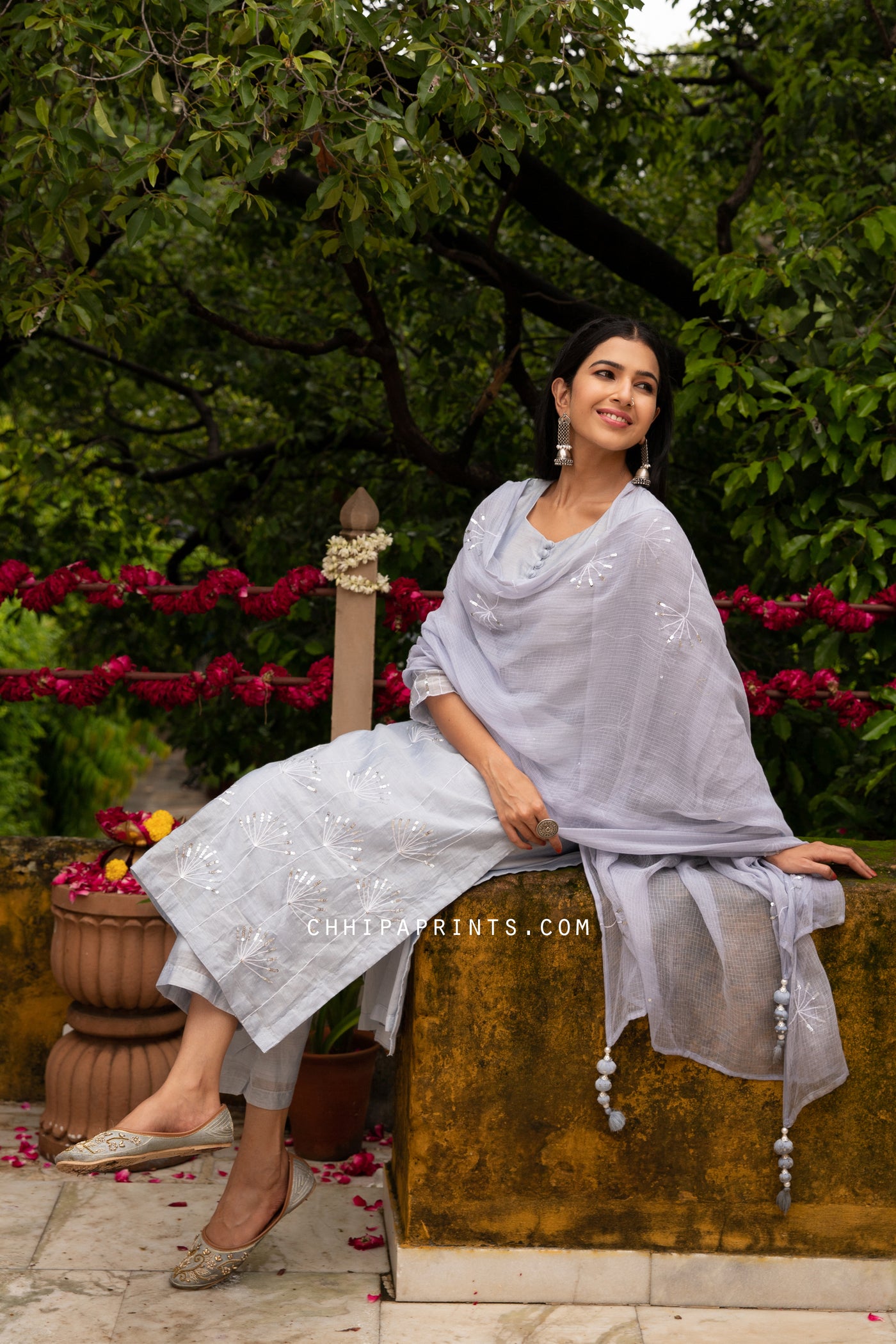 Chanderi Silk Sequin Work Suit Set in Arctic Ice