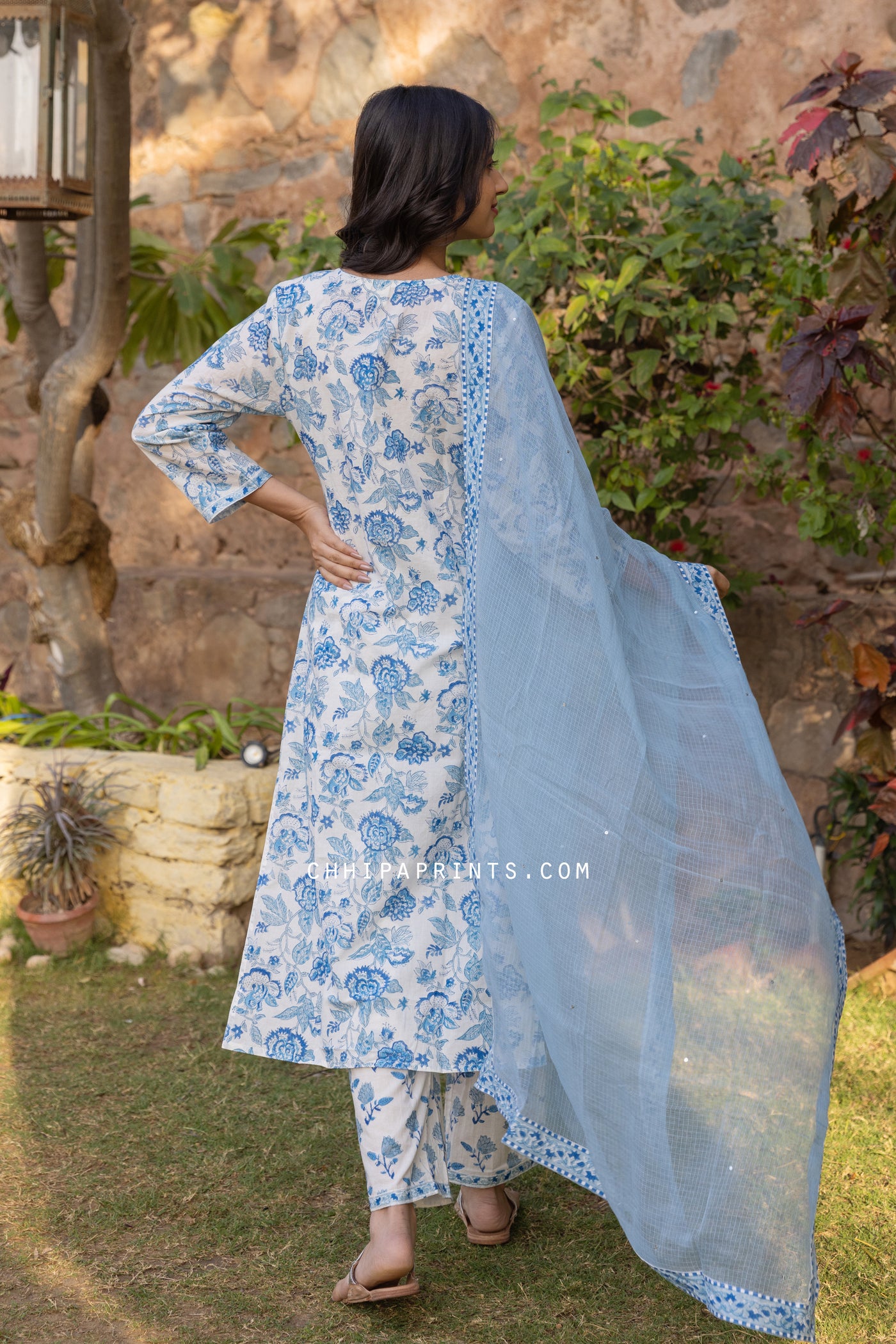Cotton Block Printed Suit Set in Baby Blue (Set of 3)