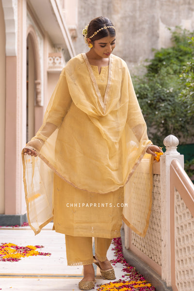 Chanderi Silk Chand Buti Suit Set in Antique Gold