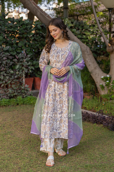 Cotton Shell Tuck Jaal Suit Set in Purple Rhapsody