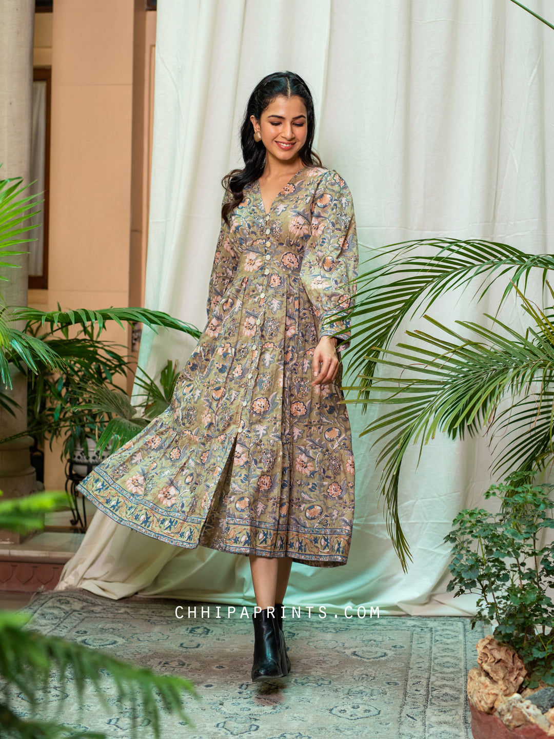 Cotton Jaal Printed Tier Dress Olive Green