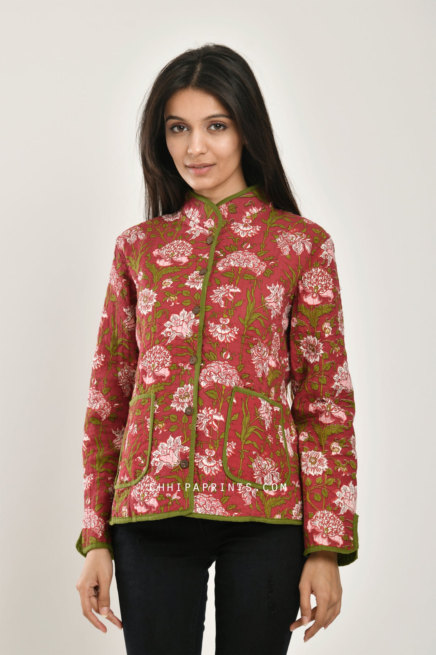 Cotton Quilted Jacket in Mehroon Mughal Jaal