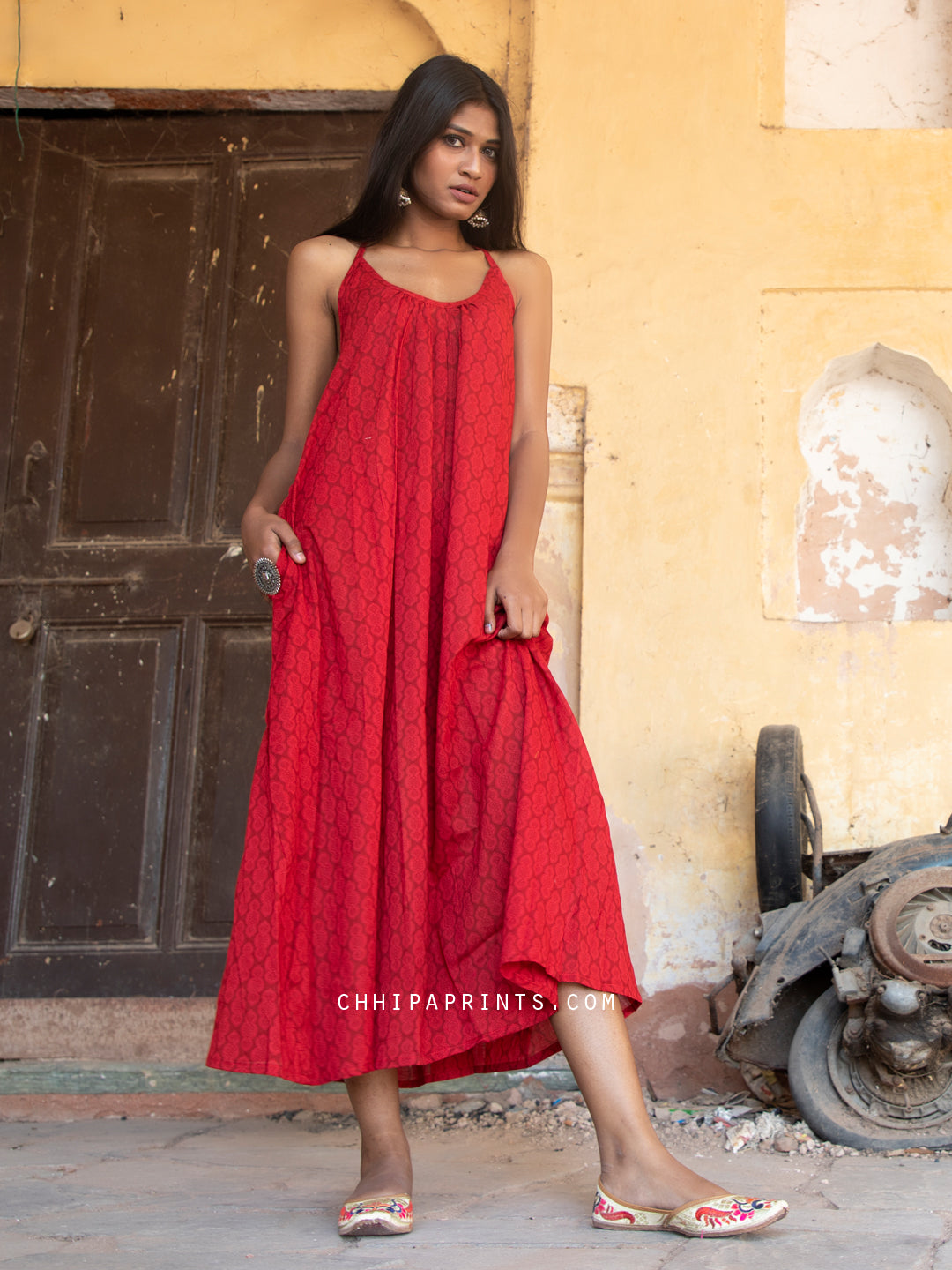 Cotton Morea Sun Dress in Red Print