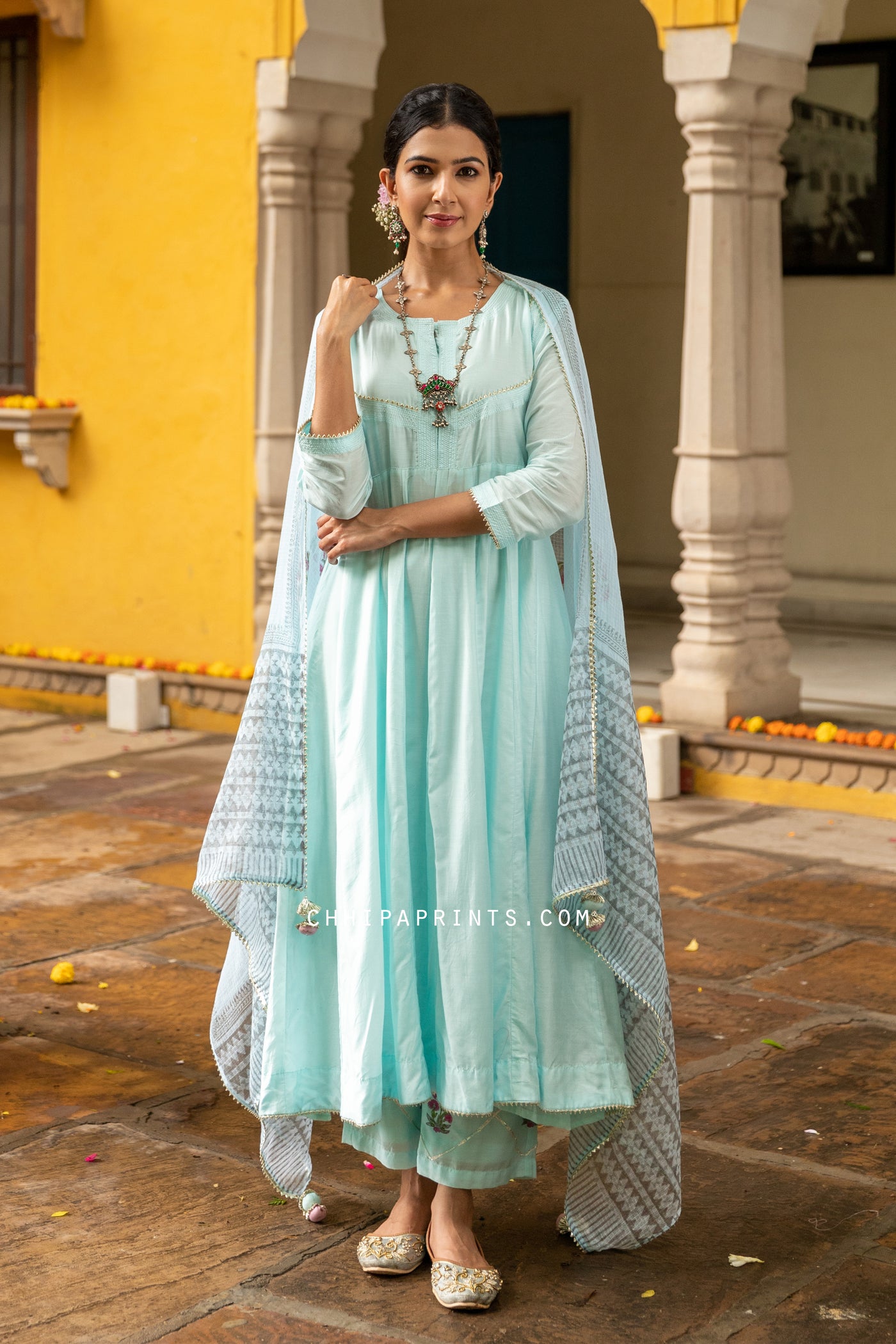 Cotton Silk Matka Anarkali Suit Set in Aqua Blue