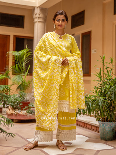 Cotton Boota Embroidery Suit Set in Lemon Yellow