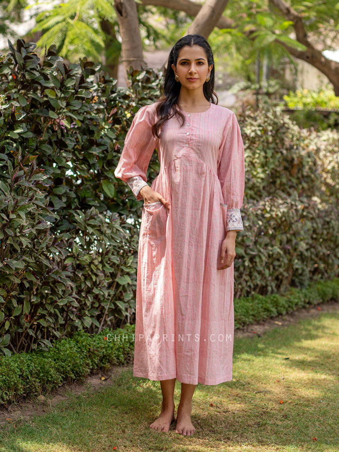 Cotton Stripes Gather Pocket Dress Pink